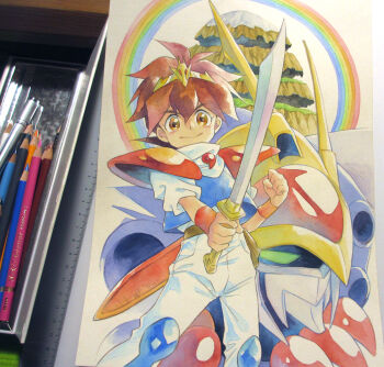 1boy agahari armor belt blue_tank_top brown_belt brown_eyes brown_hair closed_mouth commentary_request floating_island green_eyes hand_up holding holding_sword holding_weapon ikusabe_wataru looking_at_viewer magatama male_focus mashin_eiyuuden_wataru mecha painting_(medium) pants pauldrons photo_(medium) rainbow robot ryuujinmaru sheath shirt short_hair shoulder_armor smile standing sword tank_top tiara traditional_media unsheathed weapon white_pants white_shirt wristband