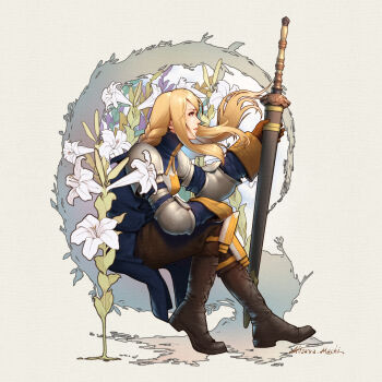1girl agrias_oaks akisawa_machi armor blonde_hair blue_dress boots breastplate brown_boots brown_pants dress elbow_pads final_fantasy final_fantasy_tactics full_body highres holding holding_sword holding_weapon knee_pads long_hair pants shoulder_pads signature simple_background sitting solo sword weapon yellow_eyes