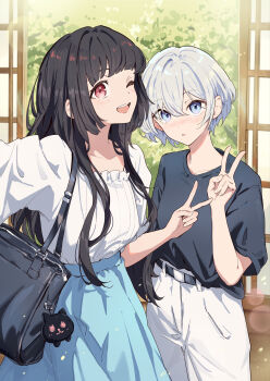 2girls ;d absurdres bag bag_charm belt black_hair black_shirt blue_eyes blue_skirt blush charm_(object) collarbone commentary_request grey_hair highres kodamazon leaf long_hair multiple_girls natsume_uta official_alternate_costume one_eye_closed open_mouth pants red_eyes second-party_source selfie shiroharu_ao shirt short_hair shouji shoulder_bag sidelocks skirt sliding_doors smile standing teeth upper_teeth_only v watashi_no_kaidanshi_wa_ponkotsu_kawaii white_pants white_shirt