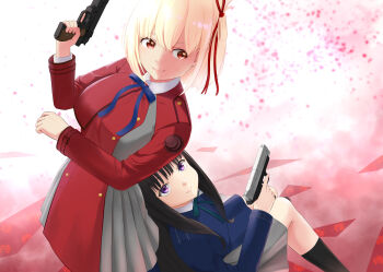 2girls absurdres black_hair blonde_hair blue_dress blue_ribbon commentary_request dress grey_dress gun hair_ribbon handgun highres holding holding_gun holding_weapon inoue_takina long_hair long_sleeves lycoris_recoil lycoris_uniform m1911 multiple_girls neck_ribbon nishikigi_chisato ochache-pi pleated_dress purple_eyes red_dress red_eyes red_ribbon ribbon short_hair smile smith_&amp;_wesson_m&amp;p two-tone_dress weapon