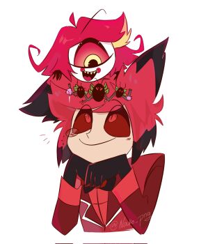 1boy 1girl :d alastor_(hazbin_hotel) animal_ears black_hair black_skin blonde_hair blush_stickers bow bowtie bug cockroach colored_sclera colored_skin commentary cropped_torso demon_boy english_commentary formal_clothes hazbin_hotel hellaverse highres insect looking_at_another monocle multicolored_hair nakizura069 niffty_(hazbin_hotel) notice_lines open_mouth red_eyes red_hair red_sclera sharp_teeth shirt short_hair smile suit teeth two-tone_hair watermark