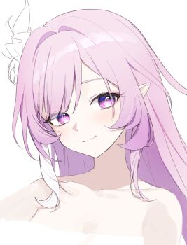 1girl cyrene_(honkai:_star_rail) diamond-shaped_pupils diamond_(shape) hair_ornament hashtag-only_commentary highres honkai:_star_rail honkai_(series) long_hair looking_at_viewer maru_(gobigreens) multicolored_hair nude pink_hair pointy_ears purple_eyes simple_background smile solo symbol-shaped_pupils two-tone_hair upper_body very_long_hair white_background white_hair