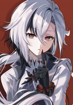 1girl arlecchino_(genshin_impact) black_eyes black_hair black_hands coat colored_extremities finger_to_mouth frilled_sleeves frills genshin_impact geumxxi grey_coat hair_between_eyes hashtag-only_commentary highres long_hair long_sleeves looking_at_viewer multicolored_hair red_background red_nails red_pupils shushing simple_background solo streaked_hair symbol-shaped_pupils upper_body white_hair x-shaped_pupils