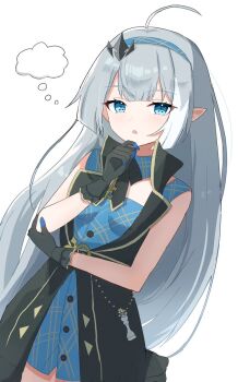 1girl ahoge bare_arms belt black_belt black_gloves black_ribbon black_vest blue_eyes blue_hairband blunt_sidelocks breasts breasts_apart buttons center-flap_bangs chess_piece coat_dress commentary_request cowboy_shot detached_collar dress female_tyrant_(stella_sora) frilled_gloves frills gloves grey_hair hair_ornament hairband hand_on_own_chin hand_on_own_elbow key lapels long_hair multicolored_hair nanatsushi neck_ribbon notched_lapels open_clothes open_mouth open_vest plaid_clothes plaid_dress plaid_hairband poi pointy_ears ribbon sidelocks simple_background sleeveless sleeveless_dress small_breasts solo speech_bubble standing stella_sora straight_hair streaked_hair stroking_own_chin symbol_in_eye thought_bubble two-tone_hair tyrant_(stella_sora) variant_set very_long_hair vest white_background white_streaks