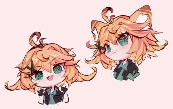 1girl :3 :d @_@ ahoge animal_ears aqua_eyes aqua_shirt black_gloves black_jacket blonde_hair chibi commentary dokibird dokibird_(bounty_hunter) english_commentary fang gloves hair_ornament hairclip highres indie_virtual_youtuber jacket medium_hair multiple_views open_mouth shirt simple_background skin_fang smile striped_clothes striped_shirt troubleshooter_bun upper_body virtual_youtuber white_background