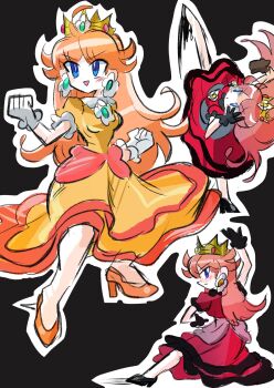 1girl black_background black_gloves blue_eyes brown_hair commentary crown dress earrings gloves highres jewelry kicking long_hair mario_(series) multiple_views nintendo orange_dress orange_shoes outline princess_daisy rakugaki_shitagari-ya red_dress shoes simple_background super_smash_bros. symbol-only_commentary white_gloves white_outline