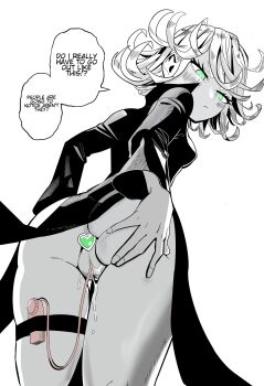 1girl anal anal_object_insertion ass black_dress blush breasts censored closed_mouth curly_hair dress english_text from_behind from_below grabbing_own_ass green_eyes greyscale hand_on_own_ass heart heart_censor korean_text kunitoro_(artist) loli long_sleeves looking_at_viewer looking_back monochrome no_panties object_insertion one-punch_man pussy pussy_juice sex_toy short_hair simple_background small_breasts solo speech_bubble spot_color tatsumaki thigh_strap thighs uncensored vibrator vibrator_cord white_background