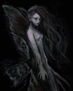 1girl absurdres black_background black_eyeshadow black_hair butterfly_wings colored_extremities commentary curtained_hair english_commentary eyeshadow floating_hair from_side highres insect_wings makeup mermaid monster_girl original outstretched_arms pointy_ears simple_background solo swept_bangs twulfs wings