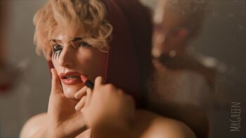 2boys 3d applying_another&#039;s_makeup applying_makeup artist_name blonde_hair brothers cosmetics curly_hair donquixote_doflamingo donquixote_rocinante grey_eyes hands_on_another&#039;s_face highres holding holding_lipstick_tube lipstick_tube makeup male_focus mrgreensamara multiple_boys one_piece parted_lips reflection shirt short_hair siblings sunglasses white_shirt