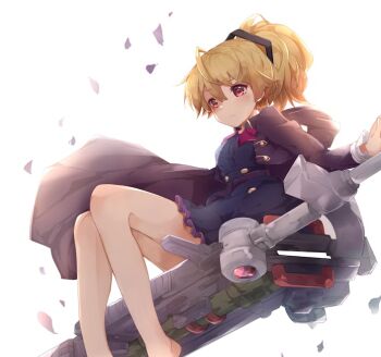 1girl ando_tazusa assault_lily barefoot black_coat black_skirt blonde_hair closed_mouth coat commentary_request commission kuro_ula looking_ahead petals ponytail red_eyes sitting_on_weapon skeb_commission skirt solo weapon white_background wind