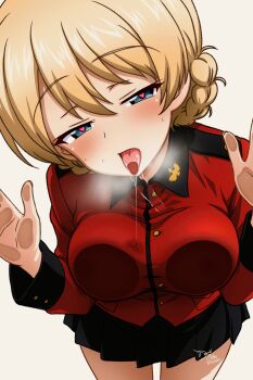 1girl against_fourth_wall against_glass black_skirt blonde_hair blue_eyes blush braid breast_press breasts breasts_on_glass breath collared_shirt commentary darjeeling_(girls_und_panzer) dated double_bun drooling feet_out_of_frame fourth_wall from_above girls_und_panzer glass hair_bun half-closed_eyes hand_on_glass head_tilt heart heart-shaped_pupils heavy_breathing highres in_heat insignia jacket kd_esler large_breasts licking looking_at_viewer military_uniform miniskirt nape_braid naughty_face pleated_skirt red_jacket red_shirt saliva saliva_on_breasts saliva_trail shirt signature simple_background skirt solo st._gloriana&#039;s_military_uniform steam symbol-shaped_pupils thighs tongue tongue_out white_background