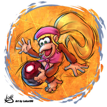 Rule 34 | 1girl, artist logo, artist name, ball, blonde hair, dixie kong, donkey kong (series), earrings, hat, jewelry, logo, long hair, lukart96, mario (series), mario strikers (series), nintendo, open mouth, pink hat, solo, super mario strikers, watermark
