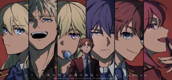 advanced_nurturing_high_school_uniform amasawa_ichika antenna_hair ayanokouji_kiyotaka blazer blonde_hair blue_bow blue_bowtie blue_eyes blue_hair blue_necktie bow bowtie brown_eyes brown_hair candy collared_shirt colored_eyebrows commentary_request copyright_name food grey_eyes hair_between_eyes hand_to_own_mouth heiichiboku highres holding holding_candy holding_food holding_lollipop housen_kazumi jacket lapels laughing licking lollipop long_hair medium_hair nanase_tsubasa necktie notched_lapels open_mouth portrait purple_eyes red_background red_eyes red_hair red_jacket school_uniform shirt short_hair smile tongue tsubaki_sakurako twitter_username upper_body utomiya_riku watermark white_shirt wing_collar yagami_takuya youkoso_jitsuryoku_shijou_shugi_no_kyoushitsu_e