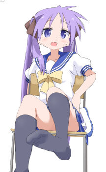 1girl absurdres black_socks blue_sailor_collar blue_skirt blush bow bowtie chair choppy_bangs commentary_request convenient_leg cynical_(llcbluckg_c004) dot_nose foot_out_of_frame foot_up forehead grey_ribbon hair_ribbon highres hiiragi_kagami holding holding_unworn_clothes kneehighs long_hair looking_at_viewer lucky_star miniskirt on_chair open_mouth purple_eyes purple_hair ribbon ryouou_school_uniform sailor_collar school_uniform serafuku shirt shoes short_sleeves simple_background sitting skirt socks solo unworn_shoes uwabaki white_background white_shirt yellow_bow yellow_bowtie