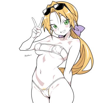 1girl absurdres bikini blonde_hair blonde_pubic_hair blush cameltoe collarbone commentary english_commentary eyepatch_bikini eyewear_on_head fang female_pubic_hair green_eyes grin highres kuroi_nanako long_hair looking_at_viewer lucky_star nalathorm pubic_hair pubic_hair_peek simple_background smile solo sunglasses swimsuit teeth twitter_username v white_background white_bikini