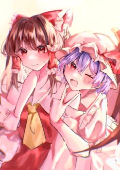 2girls absurdres arm_around_neck ascot bat_wings black_hair blush bow closed_mouth fang frilled_bow frilled_hat frilled_shirt_collar frills hair_between_eyes hair_intakes hair_tubes hakurei_reimu hat hat_ribbon height_difference highres inward_v long_hair mikaruku mob_cap multiple_girls nail_polish one_eye_closed open_mouth pink_hat pink_shirt pink_skirt purple_hair red_bow red_eyes red_nails red_ribbon red_shirt red_skirt remilia_scarlet ribbon shirt sidelocks simple_background skin_fang skirt sleeveless sleeveless_shirt smile sweat touhou v white_background wings yellow_ascot yuri