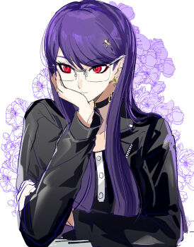 1girl black_choker black_dress black_jacket choker closed_mouth commentary_request cropped_jacket dress earrings floral_background glasses head_rest highres jacket jewelry long_hair long_sleeves purple_hair puru6829623335 red_eyes shizuhara_hiruko solo swept_bangs the_hundred_line_-last_defense_academy- very_long_hair