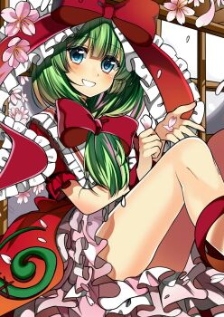 Rule 34 | 1girl, blue eyes, bow, cherry blossoms, commentary request, dress, falling petals, frilled ribbon, frills, green hair, hair bow, hair ribbon, highres, kagiyama hina, long hair, petals, pink petals, red bow, red dress, ribbon, sitting, smile, solo, suzuka (nonnonsuzuki20), thighs, touhou