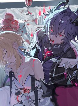 1boy 1girl :q absurdres bare_shoulders black_capelet black_shirt blonde_hair blood blood_on_body blood_on_chest blood_on_clothes blood_on_face blood_on_neck blurry breasts candle capelet cleavage closed_eyes collarbone crossed_bangs depth_of_field detached_sleeves dragon_boy dragon_horns dragon_wings dress drinking_blood fang feather_hair_ornament feathers food fruit genshin_impact gloves hair_between_eyes hair_ornament hand_on_another&#039;s_shoulder hashtag-only_commentary heart-shaped_gem hetero highres horns licking_lips long_sleeves looking_at_viewer lumine_(genshin_impact) meat7955 medium_hair mini_durin_(genshin_impact) mini_durin_(human)_(genshin_impact) parted_lips plate pomegranate purple_hair purple_vest red_eyes shirt short_hair_with_long_locks sleeveless sleeveless_dress slit_pupils tablecloth tongue tongue_out vest white_dress white_gloves wings