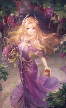 1girl alcohol aphrodia_(shining_nikki) artist_request bare_shoulders basket blonde_hair blue_eyes breasts chalice cleavage cleavage_cutout closed_mouth clothing_cutout collarbone cup dress drink earrings eyelashes floating_hair food food-themed_hair_ornament fruit fruit_hair_ornament full_body glitter gold_necklace grape_hair_ornament grapes greco-roman_clothes hair_ornament happy highres holding holding_basket holding_drink jewelry lace_arm_warmers light_particles lipstick long_dress long_hair luxurious_feast_(shining_nikki) makeup mole mole_under_eye necklace nikki_(series) official_art outdoors path pink_lips purple_dress road shade shining_nikki sideboob sidelocks smile solo standing vineyard wavy_hair white_arm_warmers wine