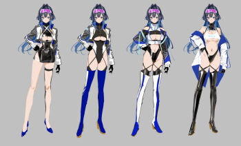 1girl alternate_costume black_boots black_gloves blue_eyes blue_hair blue_shoes boots breasts closed_mouth commentary concept_art full_body gloves goggles goggles_on_head grey_background hair_intakes hand_on_own_hip high_heels higher_resolution_available highres hololive hololive_english large_breasts long_hair looking_at_viewer multiple_views navel ouro_kronii race_queen reference_sheet shoes simple_background thigh_boots thigh_strap underboob virtual_youtuber yd_(orange_maru)