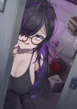 1girl ajidot alcohol bags_under_eyes black-framed_eyewear black_cardigan black_dress black_hair blush book book_stack breasts broken_glass cardigan cardigan_partially_removed censored cleavage collarbone colored_inner_hair commentary couch crying doorway dress glass glasses goddess_of_victory:_nikke hair_over_one_eye highres label_(nikke) large_breasts long_hair looking_at_viewer multicolored_hair open_mouth paper pov_doorway purple_hair purple_streaks skull solo table tears very_long_hair wine