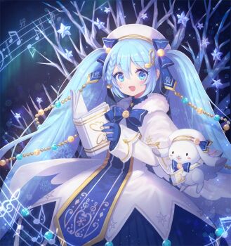 1girl 1other beret blue_bow blue_gloves blue_tabard blush book bow braid christmas_lights coat fur-trimmed_coat fur_trim gloves gold_trim hair_bow hat hatsune_miku holding holding_book long_hair looking_at_viewer lunaticmed multiple_hair_bows musical_note musical_staff official_alternate_costume official_alternate_hairstyle open_mouth outdoors rabbit rabbit_yukine smile snowflake_print tabard twintails very_long_hair vocaloid white_coat white_hat yuki_miku yuki_miku_(2021)