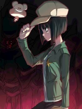 1girl bad_id bad_pixiv_id black_hair bob_cut bokurano emi_(emi43) hat jacket koyemshi machi_youko mecha robot short_hair zearth