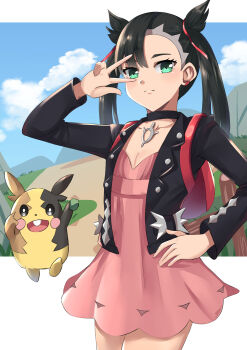 Rule 34 | 1girl, absurdres, asymmetrical bangs, backpack, bag, black choker, black hair, black jacket, blue sky, breasts, choker, cleavage, closed mouth, cloud, commentary request, daweykun, day, dress, earrings, flat chest, gen 8 pokemon, green eyes, hair ribbon, hand on own hip, highres, jacket, jewelry, looking at viewer, marnie (pokemon), morpeko, morpeko (full), nintendo, outdoors, pink dress, pokemon, pokemon swsh, ribbon, sky, twintails, undercut, w, w over eye
