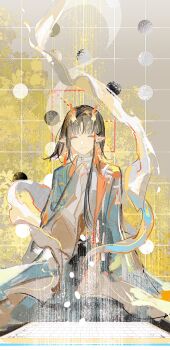 Rule 34 | 1girl, absurdres, arknights, black hair, closed eyes, closed mouth, colored inner hair, commentary request, dragon girl, dragon horns, earrings, facing viewer, highres, horns, jewelry, jie (arknights), lantercat, light smile, long sleeves, looking at viewer, multicolored hair, orange hair, pointy ears, short hair, sitting, smile, solo, tassel, tassel earrings