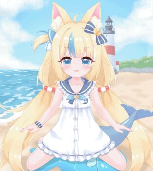 1girl :3 :d ahoge animal_ear_fluff animal_ears animated animated_gif bare_arms bare_legs beach bestiality blonde_hair blue_bow blue_bowtie blue_eyes blue_hair blue_sailor_collar blue_scrunchie blue_sky blush bow bowtie breast_pocket buttons cat_ears center-flap_bangs cloud cloudy_sky cowgirl_position crotch_rub day dress ear_wiggle fins fish fish_girl fish_tail flat_chest frilled_dress frilled_shirt_collar frills hair_bow hair_flaps indie_virtual_youtuber large_variant_set lifebuoy_hair_ornament lighthouse live2d loli long_hair looking_at_viewer low_twintails multicolored_hair ocean oldb one_side_up open_mouth outdoors paid_reward_available pocket pov pov_crotch public_indecency sailor_collar sailor_dress sameko_saba sameko_saba_(fish) scrunchie selfcest sexually_suggestive shore short_dress sky smile solo straddling straight-on streaked_hair tail tail_wagging tareme twintails variant_set very_long_hair virtual_youtuber white_dress wrist_scrunchie
