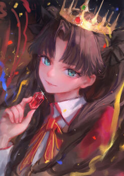 Rule 34 | 1girl, absurdres, brown hair, commentary, crown, fate/stay night, fate (series), gem, glint, highres, hjwhuhu, holding, holding gem, homurabara academy school uniform, jacket, long hair, looking at viewer, red gemstone, red jacket, school uniform, solo, tohsaka rin, twintails