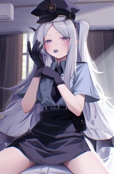 1girl 1other black_hat black_skirt blue_archive blush commentary_request day demon_girl demon_horns demon_wings hat highres hina_(blue_archive) horns indoors long_hair looking_at_viewer low_wings police police_uniform purple_eyes sitting skirt solo supic1711 very_long_hair whistle white_hair wings