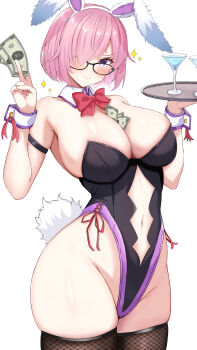 Rule 34 | 1girl, absurdres, animal ears, between breasts, blush, breasts, cocktail glass, collar, cup, curvy, detached collar, drinking glass, fake animal ears, fate/grand order, fate (series), foot out of frame, glasses, gloves, hair over one eye, hand up, highleg, highleg leotard, highres, holding, holding tray, large breasts, leaning back, leotard, light purple hair, looking at viewer, mash kyrielight, medium hair, money, necktie, one eye covered, playboy bunny, purple eyes, rabbit ears, red necktie, simple background, smile, thighhighs, thighs, tray, upper body, variant set, white collar, white gloves, white leotard, white thighhighs, white wrist cuffs, wrist cuffs