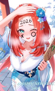 1girl 2026 aqua_eyes bangs_held_back blue_flower blue_gem blue_kimono blue_nails blush body_writing breasts breasts_apart collarbone commentary_request ewaaawa fingernails floral_print floral_print_kimono flower fur-trimmed_kimono fur_trim gem genshin_impact hagoita hair_flower hair_ornament hand_up happy_new_year highres holding holding_paddle japanese_clothes kimono long_hair looking_at_viewer medium_breasts nail_polish new_year nilou_(genshin_impact) one_eye_closed open_mouth paddle print_kimono red_hair solo very_long_hair
