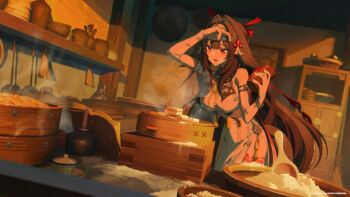 1girl bad_link bamboo_steamer bare_shoulders book bracelet breasts brown_hair cake china_dress chinese_clothes copyright_notice cup dress flour food fox_girl hair_ornament hairband hand_on_own_forehead highres holding holding_cup indoors jewelry kitchen leg_tattoo long_hair official_art open_book open_mouth red_eyes red_tattoo solo spoon tail tattoo white_hairband ye_shunguang zenless_zone_zero