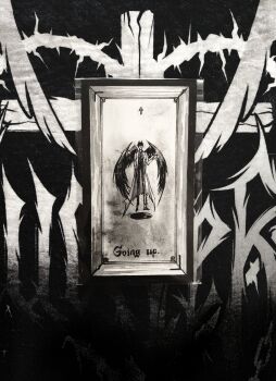 Rule 34 | 1boy, absurdres, black wings, cape, coat, cross, demon horns, english text, faceless, feathered wings, floating, greyscale, hand in pocket, highres, horns, iei, kim dokja, male focus, monochrome, mq cg, official alternate costume, omniscient reader's viewpoint, open clothes, open coat, portrait (object), solo, stain, stake, standing, white cape, wings