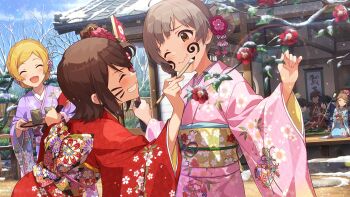 6+girls blush brown_eyes brown_hair closed_eyes closed_mouth commentary_request day double_bun facepaint floral_print game_cg grin hair_bun hakozaki_serika holding holding_brush idolmaster idolmaster_million_live! idolmaster_million_live!_theater_days japanese_clothes kasuga_mirai kimono kinoshita_hinata kitazawa_shiho looking_at_another mogami_shizuka momose_rio multiple_girls obi official_art one_eye_closed outdoors painting_(action) pink_kimono purple_kimono red_kimono sash smile standing tenkuubashi_tomoka third-party_source wavy_mouth