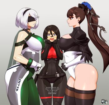2b_(nier:automata) 2b_(nier:automata)_(cosplay) 3girls artist_logo ass black_hair black_thighhighs blindfold breasts brown_hair cosplay costume_switch crossover deviantart_username discord_username elster_(signalis) eve_(stellar_blade) eve_(stellar_blade)_(cosplay) facebook_username female_focus highleg highleg_leotard highres jadenkaiba large_breasts leotard logo long_hair multiple_girls nier:automata nier_(series) pixiv_username ponytail short_hair signalis stellar_blade thighhighs trait_connection watermark web_address white_hair