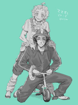 2boys :d alternate_costume aqua_background bicycle blush_stickers bracelet bridge_piercing candle commentary_request cross-shaped_pupils curly_hair expressionless face_piercing flower flower_bracelet flower_necklace freckles full_body greyscale_with_colored_background half-closed_eyes hands_on_another&#039;s_shoulders hat highres identity_v jewelry leg_warmers looking_at_viewer male_focus mike_morton multiple_boys necklace norton_campbell open_mouth pants pants_rolled_up piercing riding riding_bicycle scar scar_across_eye scar_on_face shoes short_hair smile sneakers star-shaped_pupils star_(symbol) symbol-shaped_pupils topknot track_suit translation_request yousuke_(yosk)
