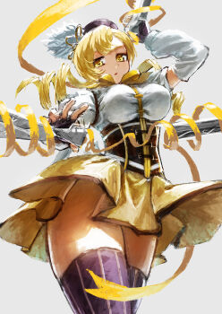 1girl armband asymmetrical_bangs beret black_armband black_hat blonde_hair bow bowtie breasts brown_corset corset detached_sleeves drill_hair dual_wielding fingerless_gloves from_below gloves gun hair_ornament handgun hat hat_feather highres holding holding_gun holding_weapon large_breasts looking_at_viewer magical_girl mahou_shoujo_madoka_magica mahou_shoujo_madoka_magica_(anime) menka_(menka_wata) no_panties pleated_skirt puffy_short_sleeves puffy_sleeves ribbon short_sleeves simple_background skirt solo striped_clothes striped_thighhighs thighhighs tight_clothes tomoe_mami tomoe_mami_(magical_girl) twin_drills upskirt vertical-striped_clothes vertical-striped_thighhighs weapon white_background yellow_eyes yellow_ribbon yellow_skirt zettai_ryouiki