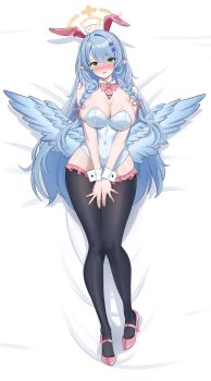 1girl absurdres bare_shoulders black_thighhighs blue_archive blue_hair blue_wings blush bow bowtie braid breasts cawl cleavage covered_navel dakimakura_(medium) detached_collar green_eyes halo high_heels highres large_breasts leotard long_hair looking_at_viewer low_wings mine_(blue_archive) open_mouth pink_bow pink_bowtie pink_shoes playboy_bunny pointy_ears shoes solo thighhighs thighs twin_braids white_leotard wings wrist_cuffs yellow_halo