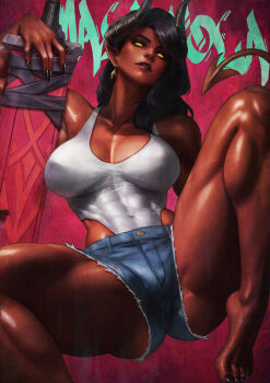 1girl absurdres bare_legs barefoot black_hair breasts colored_skin commentary covered_navel demon_girl demon_horns demon_tail denim denim_shorts dispatch english_commentary feet glowing glowing_eyes highres horns large_breasts leotard leotard_under_clothes malevola_(dispatch) monori_rogue muscular muscular_female parted_lips pointy_ears red_skin short_shorts shorts solo squatting sword tail toes weapon white_leotard yellow_eyes