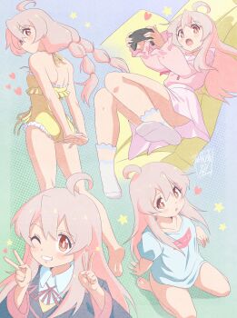 1girl :o ;) ahoge arms_behind_back artist_name ass bare_legs barefoot brown_eyes commentary controller couch danmakuman double_v frilled_one-piece_swimsuit frills game_controller grin hair_between_eyes heart highres holding holding_controller holding_game_controller knees_together_feet_apart long_hair long_sleeves looking_at_viewer lying multi-tied_hair multiple_views no_pants no_shoes on_back on_couch one-piece_swimsuit one_eye_closed onii-chan_wa_oshimai! open_mouth oyama_mahiro pink_hair pink_shirt pink_skirt puffy_long_sleeves puffy_sleeves school_uniform shirt short_sleeves signature sitting skirt smile socks star_(symbol) swimsuit t-shirt v white_shirt yellow_one-piece_swimsuit