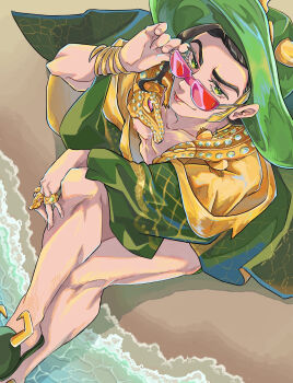 1boy a_(user_pehc4373) animification beach bracelet commentary_request crossed_legs from_above gem green_eyes green_hat green_robe green_slippers hat highres horned_hat jewelry loki_(marvel) loki_(robe_of_relaxation)_(marvel) looking_at_viewer looking_up male_focus marvel marvel_rivals multiple_rings nipples official_alternate_costume pink-tinted_eyewear pink_gem rimless_eyewear ring robe sand sitting slippers solo sunglasses thor_(marvel)_(series) tinted_eyewear tongue tongue_out water