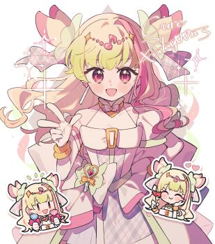 1girl :d beads blush blush_stickers bow bracelet character_name chibi chibi_inset closed_eyes closed_mouth colored_tips commentary_request cure_zukyuun dress earrings eating eighth_note elbow_gloves food fork fortissimo gloves glowstick gold_bracelet green_hair green_scrunchie hair_beads hair_extensions hair_ornament hair_ribbon hair_scrunchie halftone halter_dress halterneck hand_on_own_face happy heart highres holding holding_fork holding_glowstick jewelry kannagi6 kimi_to_idol_precure layered_dress long_hair looking_at_viewer magical_girl multicolored_hair multiple_bracelets multiple_earrings multiple_views musical_note musical_note_hair_ornament notice_lines open_mouth outline pink_eyes plaid_clothes plaid_dress plaid_ribbon pleated_sleeves precure purirun_(precure) ribbon scrunchie single_bare_shoulder single_sleeve smile sparkle star_(symbol) upper_body w waist_bow watermark white_background white_bow white_dress white_gloves white_outline |_|