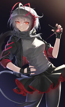 1girl absurdres antenna_hair arknights black_gloves black_jacket black_pantyhose black_skirt clenched_teeth controller cowboy_shot demon_horns demon_tail diffraction_spikes fingerless_gloves gloves grey_hair grey_scarf grey_shirt hand_on_own_hip hand_up highres holding holding_remote_control horns jacket jhini looking_at_viewer miniskirt open_clothes open_jacket orange_eyes pantyhose parted_lips red_nails remote_control scarf shirt short_hair skirt smile solo tail teeth w_(arknights)