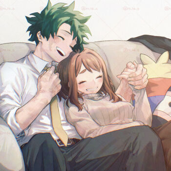 1boy 1girl black_pants blush boku_no_hero_academia breasts brown_hair brown_skirt closed_eyes collared_shirt couch couple facial_scar green_hair grey_sweater hetero hk_(nt) holding_hands medium_breasts medium_hair midoriya_izuku neckerchief open_mouth pants parted_lips ribbed_sweater scar scar_on_arm scar_on_cheek scar_on_face scar_on_hand shirt short_hair skirt smile sweater turtleneck turtleneck_sweater upper_body uraraka_ochako watermark white_shirt yellow_neckerchief