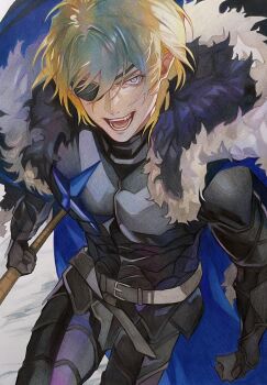 Rule 34 | 1boy, armor, belt, belt buckle, black armor, black fur, blonde hair, blue cape, blue eyes, breastplate, buckle, cape, commentary request, dimitri alexandre blaiddyd, dimitri alexandre blaiddyd (timeskip), eyepatch, faulds, fire emblem, fire emblem: three houses, fur-trimmed cape, fur trim, g sannnn, grey belt, hair between eyes, highres, holding, holding polearm, holding weapon, male focus, nintendo, one eye covered, open mouth, polearm, short hair, solo, teeth, weapon, white fur