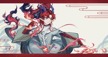 1boy absurdres arknights chinese_commentary closed_mouth colored_extremities commentary_request egasumi fire green_eyes hair_intakes highres horns light_smile long_hair magic male_focus multicolored_hair pointy_ears purple_hair pyrokinesis red_hair solo tail two-tone_hair wide_sleeves xianyao068 yu_(arknights)